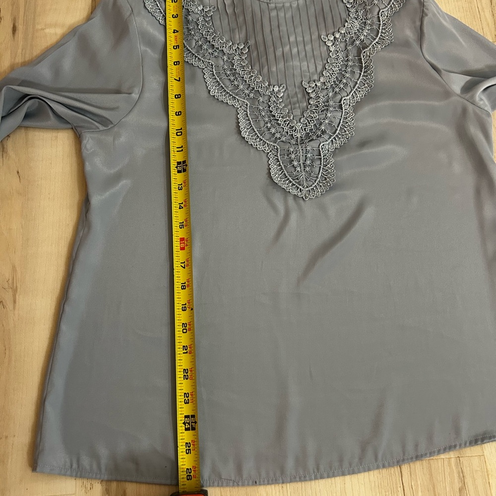 Victorian Style Sz 12Prairie Blouse Gray Lace Yoke High Neck Long Sleeve - Picture 5 of 15